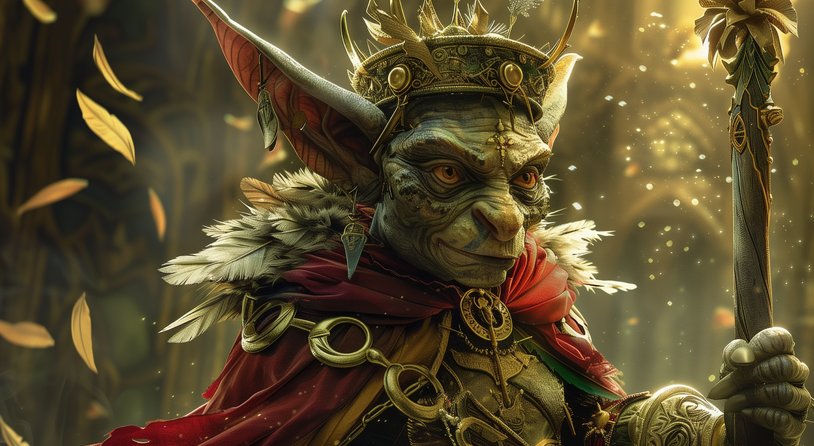 The goblin carries a staff that crackles with light as their crown glows over a furrowed, aged brow