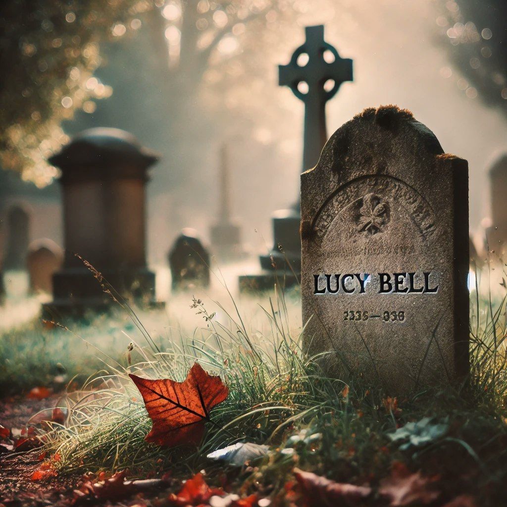 A graveyard, the image is focused on the gravestone of Lucy Bell, covered in autumnal leaves.