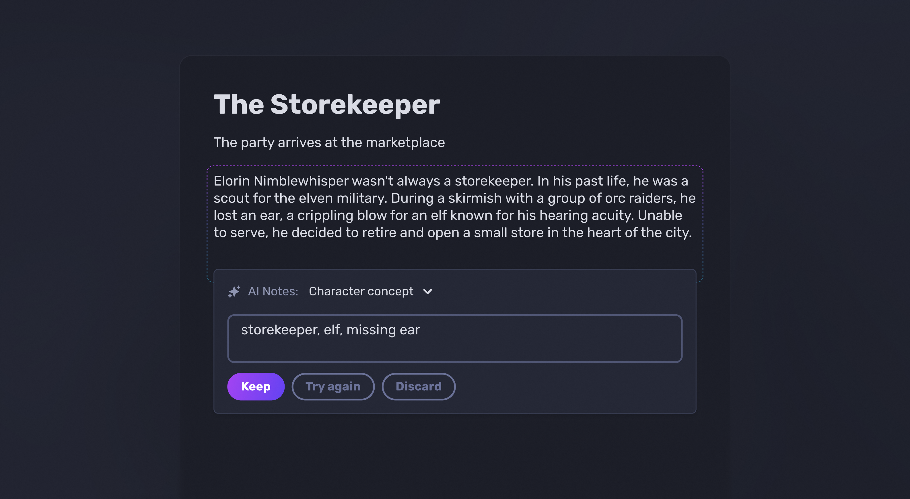 AI Notes generates a character concept based on a short prompt.