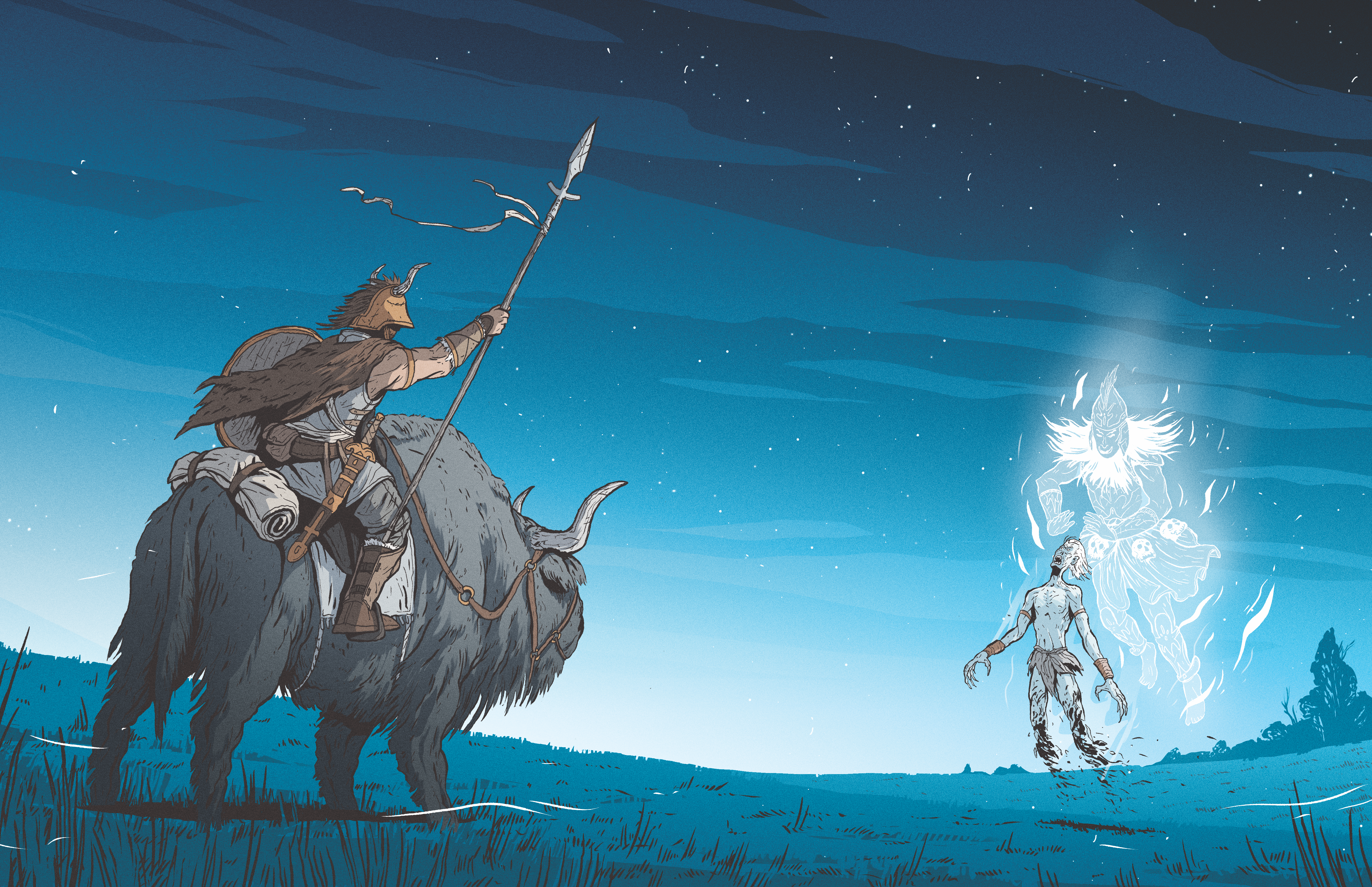 Character riding a bull ox